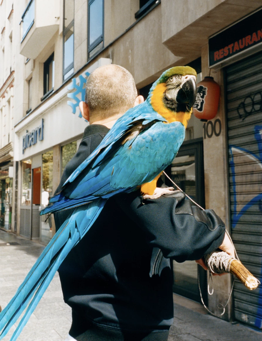 Photographie reportage prise par le photographe Raul Guillermo. La photo représente un perroquet et son propriétaire dans les rues de Paris. La photographie est une photographie argentique