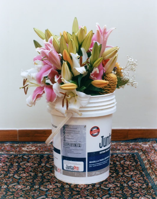 Cette nature morte est une photographie du photographe de mode et de reportage Raul Guillermo. L’image représente un imposant bouquet de fleurs exposé dans un pot de peinture qui lui même repose sur un tapis à motifs. Il y a un rappel du motif du bouquet avec les motifs du tapis. Cette photographie a été réalisée grace à la technique photographique de l’argentique. Cette technique de l’argentique est une technique typique du travail photographique de Raul Guillermo. Cette photographie a été shootée au Pérou, elle fait partie d’une serie de reportages photographique d’une série baptisé te <3 Perú.